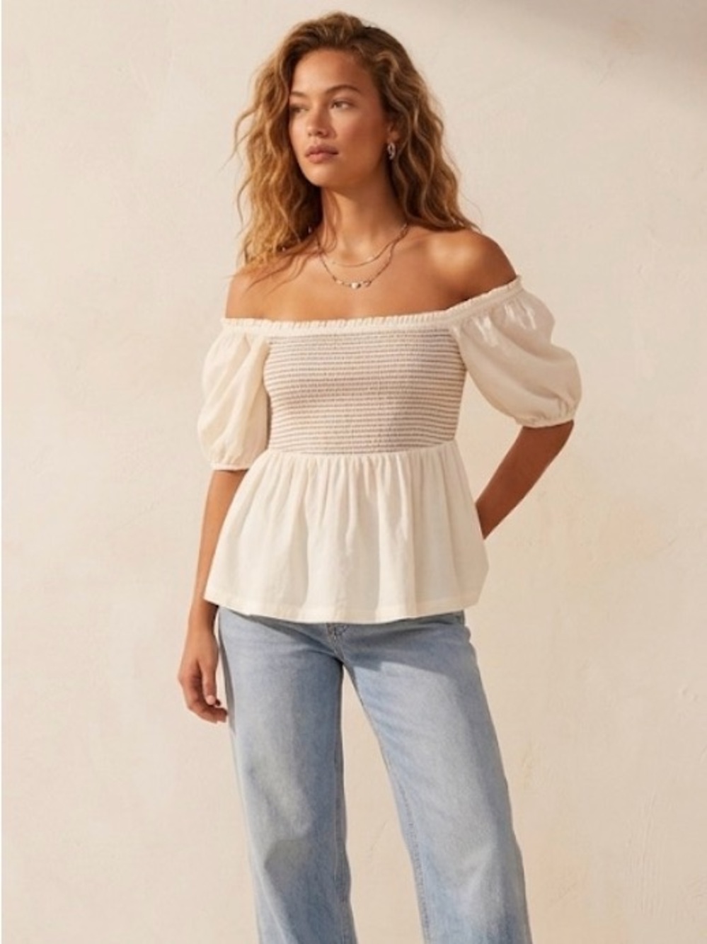 Old Navy Cream Smocked Top with Brown Accent Stitching peplum bohemian peasant